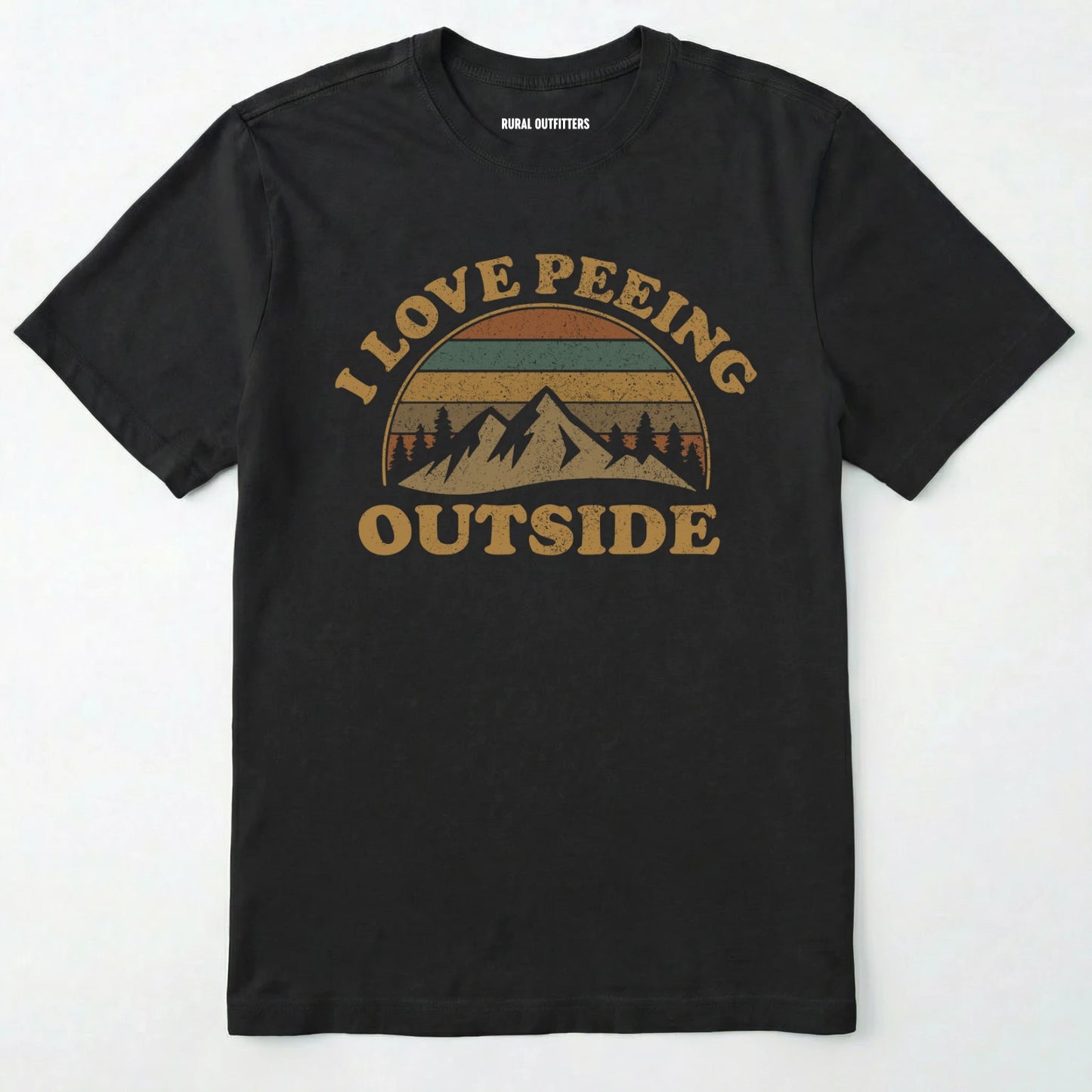 Black T-shirt with 'i love peeing outside' graphic design on a white background