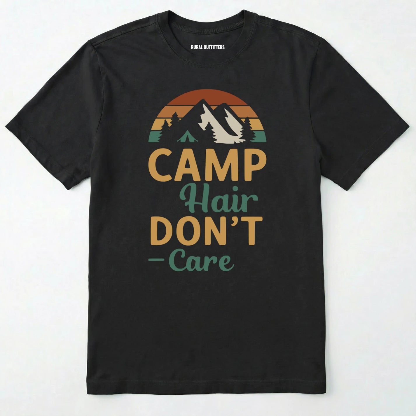 Black camping hair don⊙t care t-shirt with retro mountain graphic on a white background.