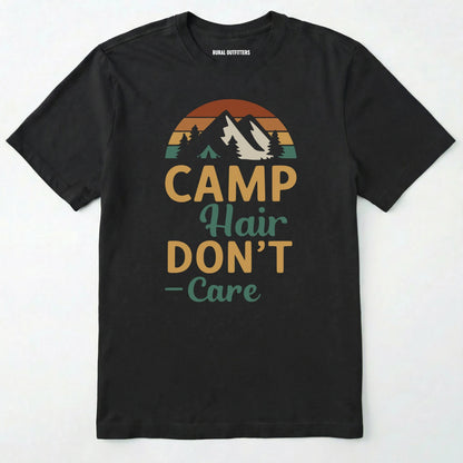 Black camping hair don⊙t care t-shirt with retro mountain graphic on a white background.