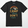 Black camping hair don⊙t care t-shirt with retro mountain graphic on a white background.