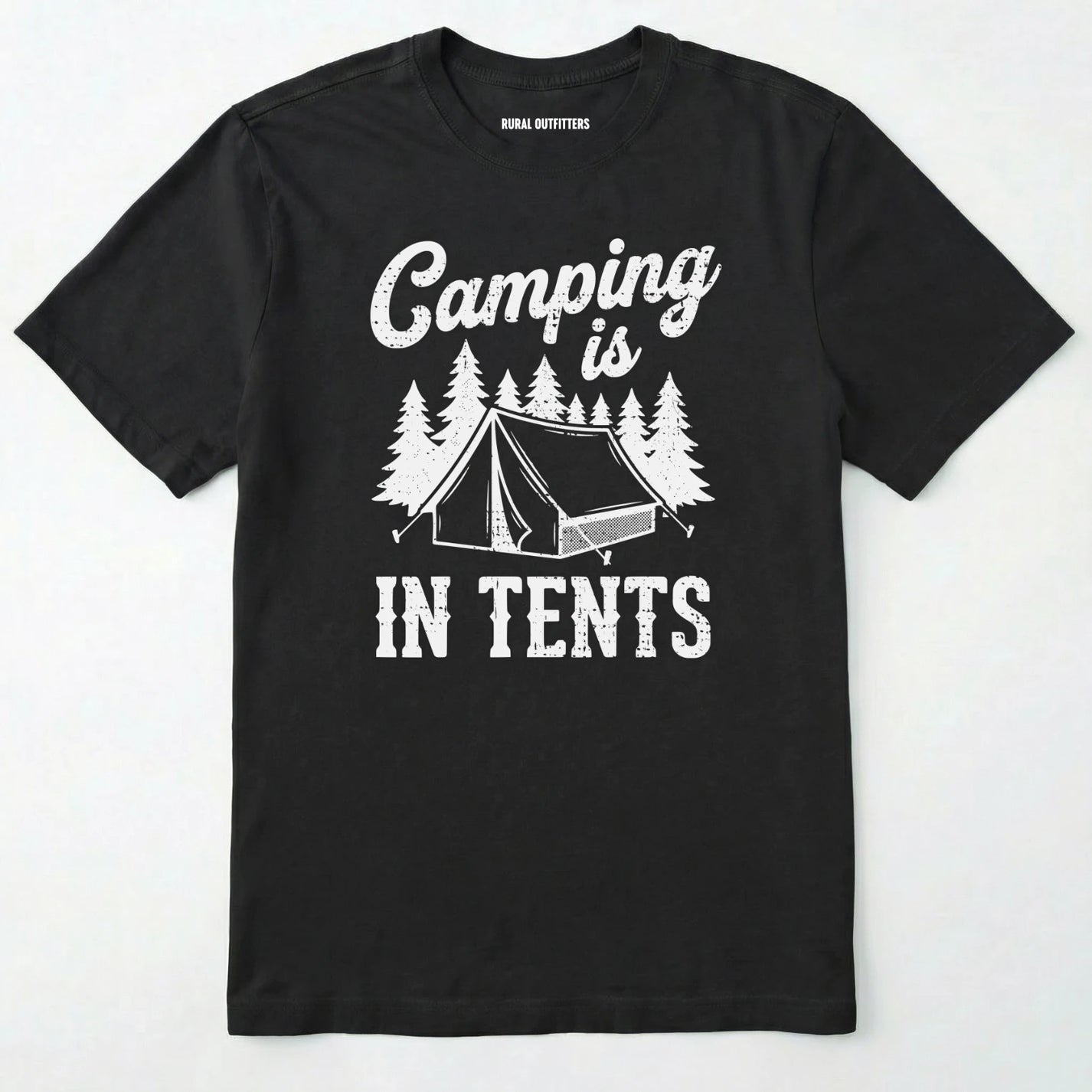 Black t-shirt with white text and graphic of a tent and trees on a white background
