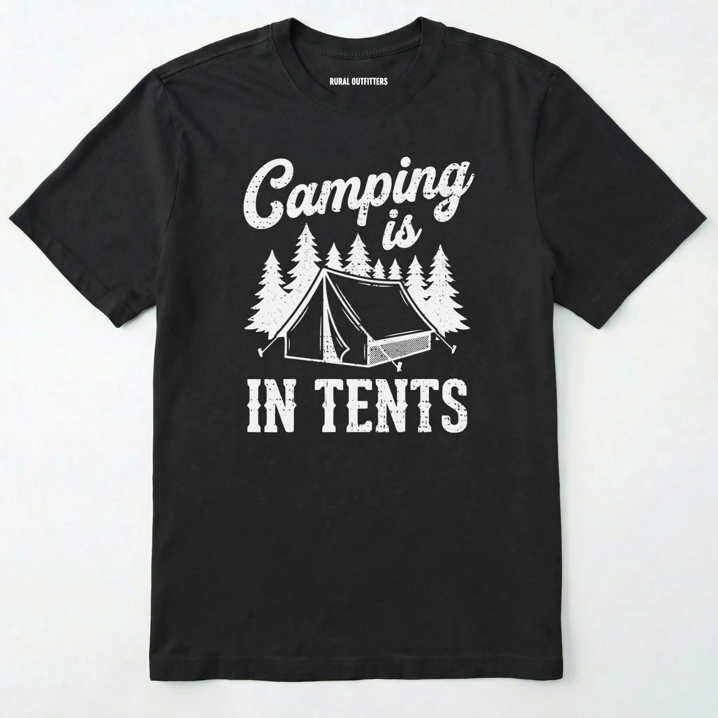 Black t-shirt with white text and graphic of a tent and trees on a white background