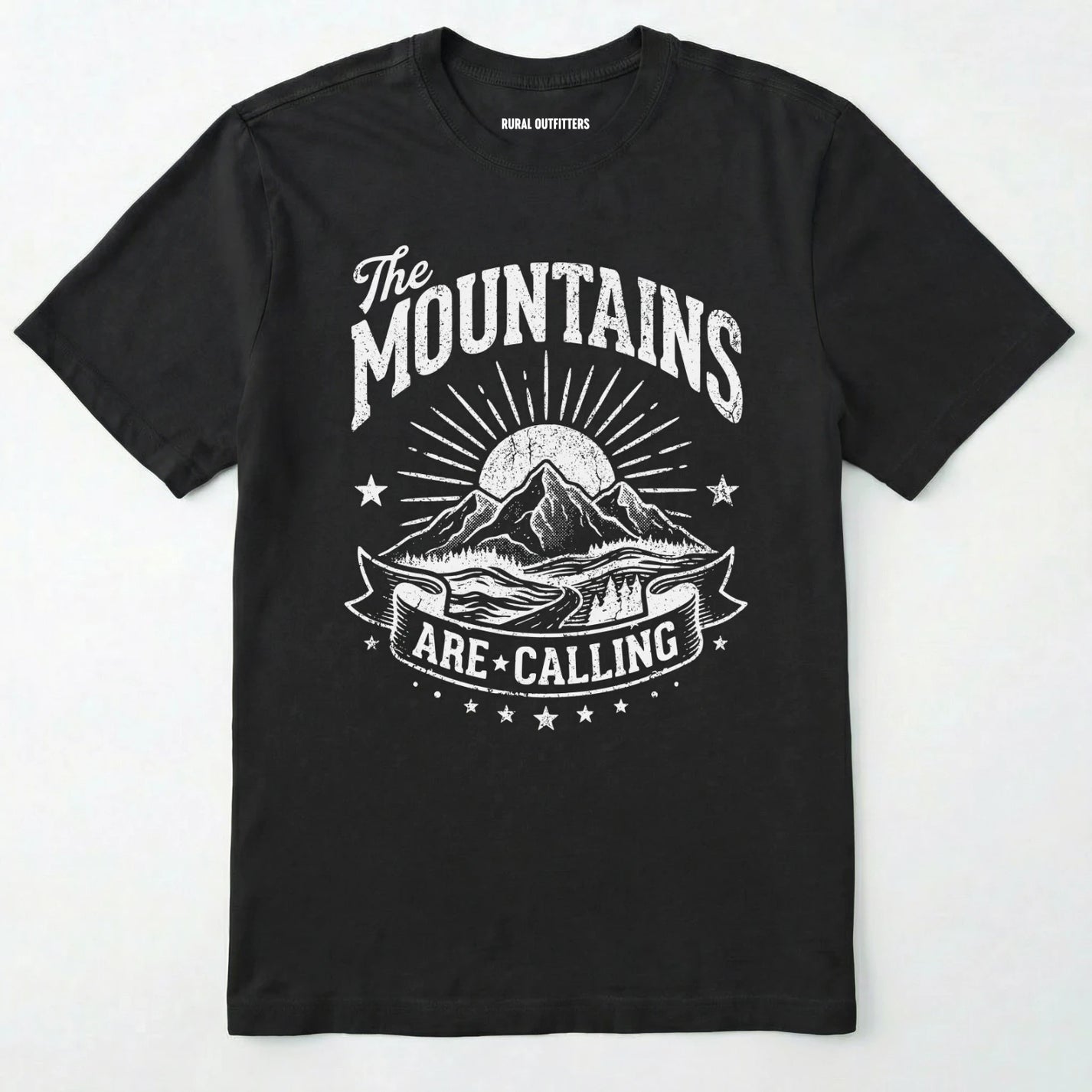 Black t-shirt with white graphic and text 'the mountains are calling' on a white background
