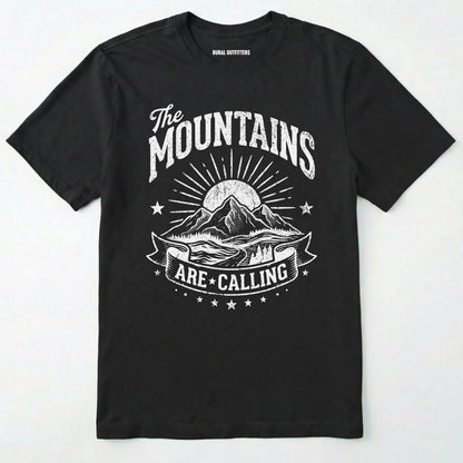 Black t-shirt with white graphic and text 'the mountains are calling' on a white background