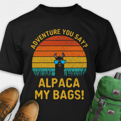 Black alpaca my bags shirt with retro sunset and llama graphic