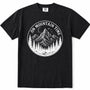 Black short-sleeve crewneck t-shirt featuring a circular white graphic print on the chest with a mountain, pine trees, and the text 'ON MOUNTAIN TIME'.