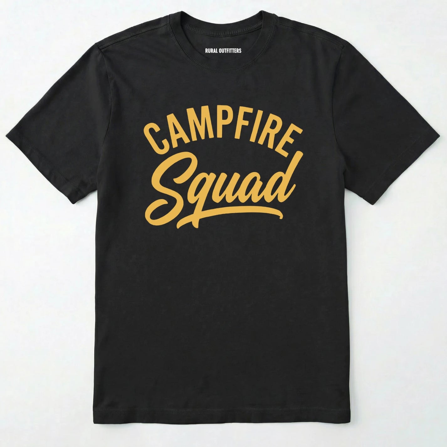 Black t-shirt with 'campfire squad' text in yellow on a white background