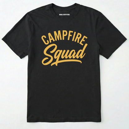 Black t-shirt with 'campfire squad' text in yellow on a white background