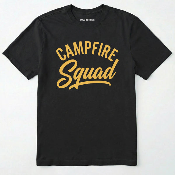 Black t-shirt with 'campfire squad' text in yellow on a white background
