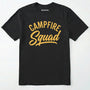 Black t-shirt with 'campfire squad' text in yellow on a white background
