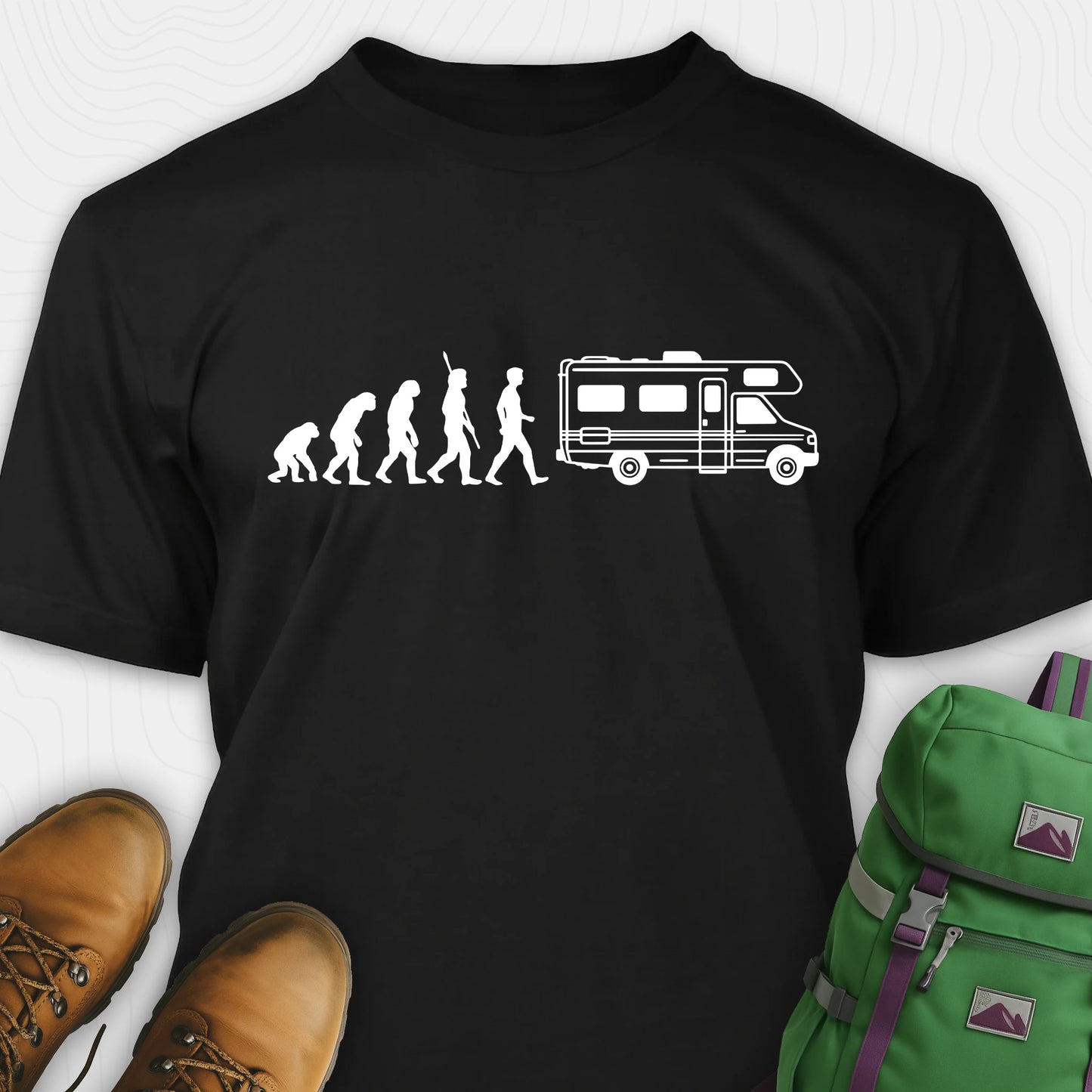 Black evolution shirt featuring human to rv silhouette graphic