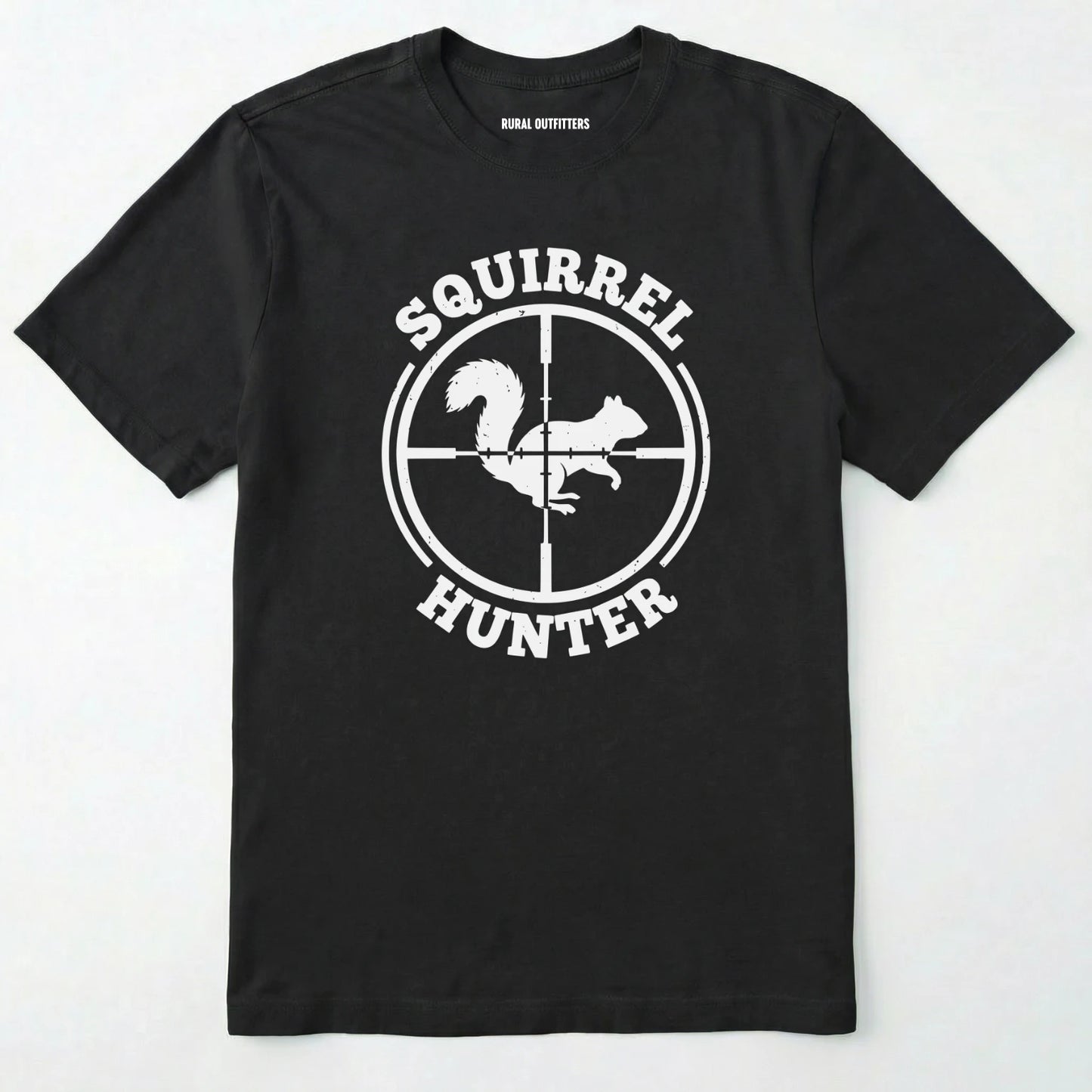 Black t-shirt with 'squirrel hunter' graphic design on a white background