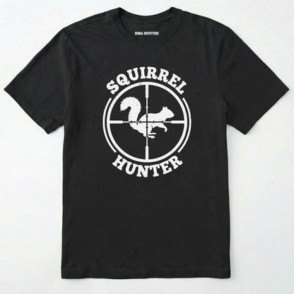 Black t-shirt with 'squirrel hunter' graphic design on a white background