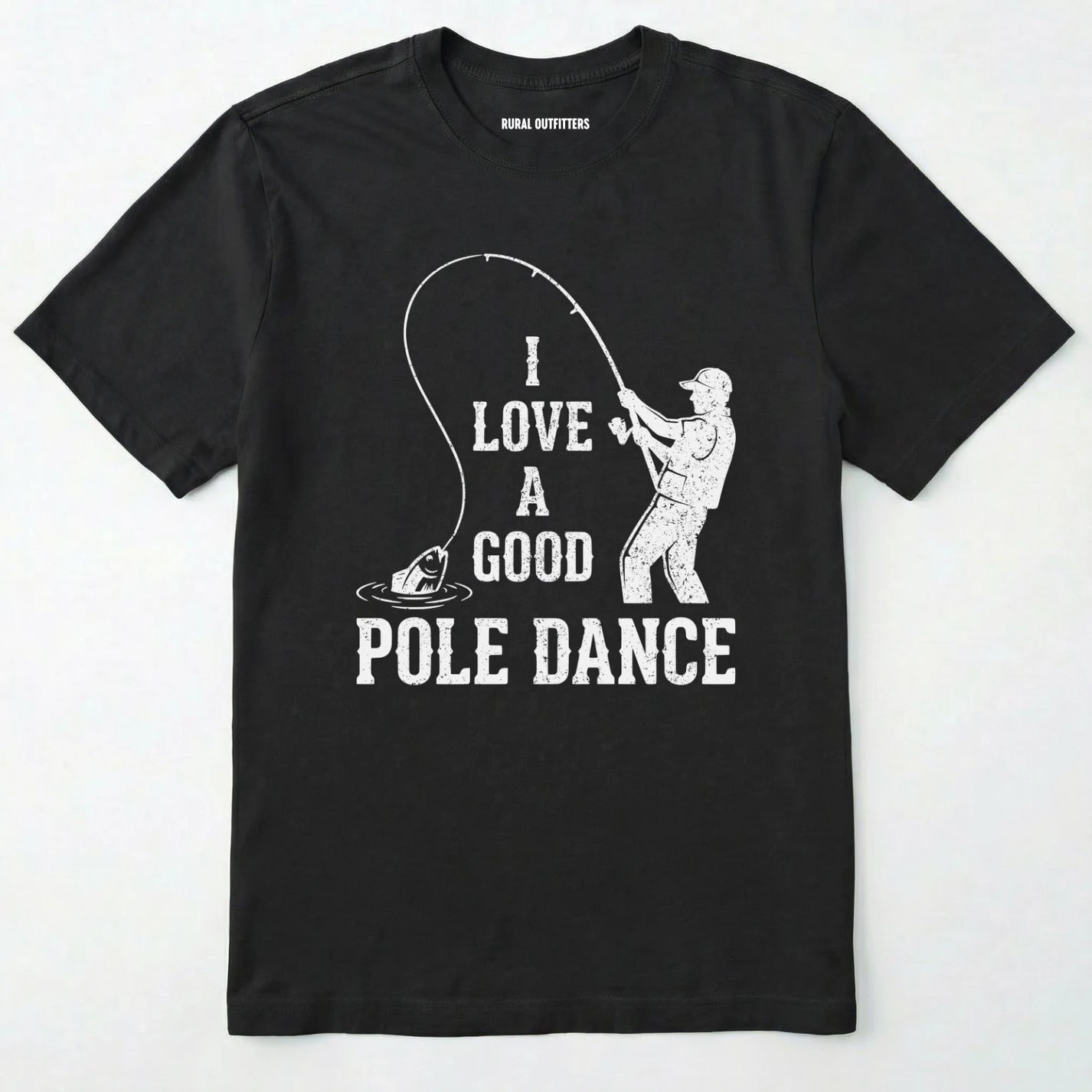 Black t-shirt with white graphic and text on a white background