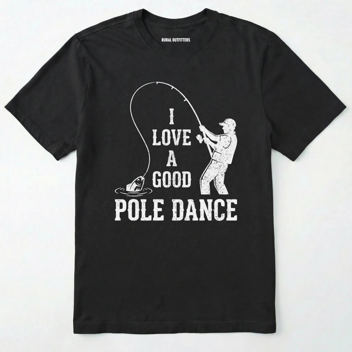 Black t-shirt with white graphic and text on a white background