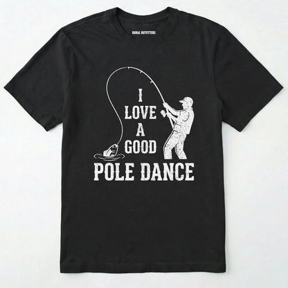 Black t-shirt with white graphic and text on a white background