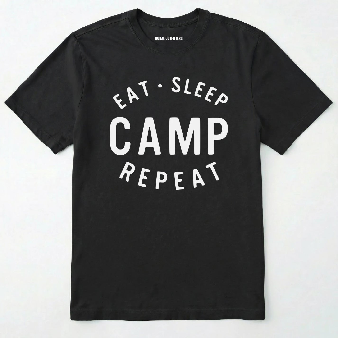 Black eat sleep camp repeat t-shirt with bold text on a white background.