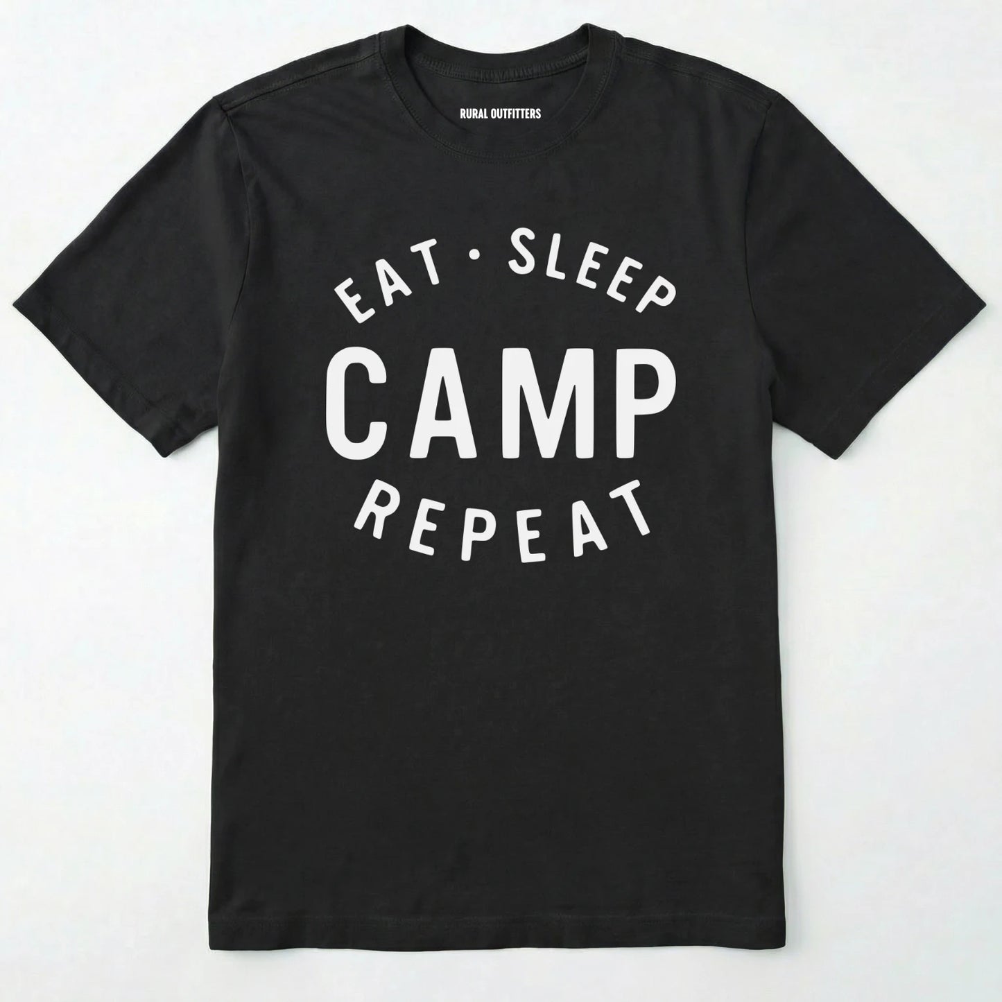 Black eat sleep camp repeat t-shirt with bold text on a white background.
