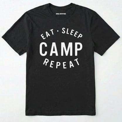 Black eat sleep camp repeat t-shirt with bold text on a white background.