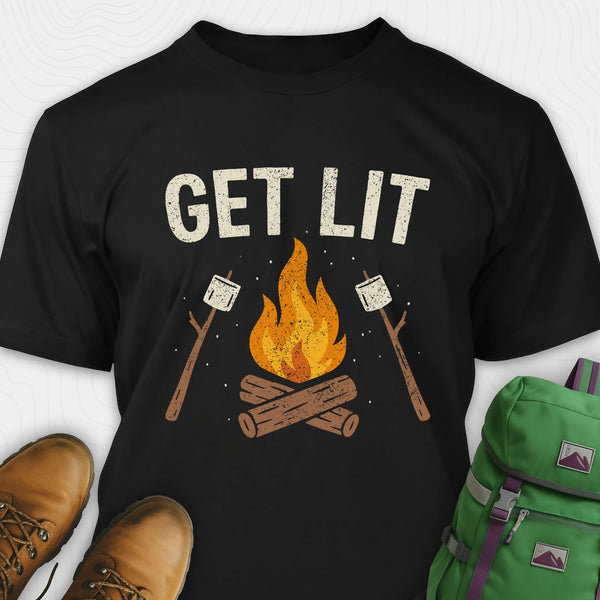 Black let’s get lit shirt with campfire and marshmallows graphic