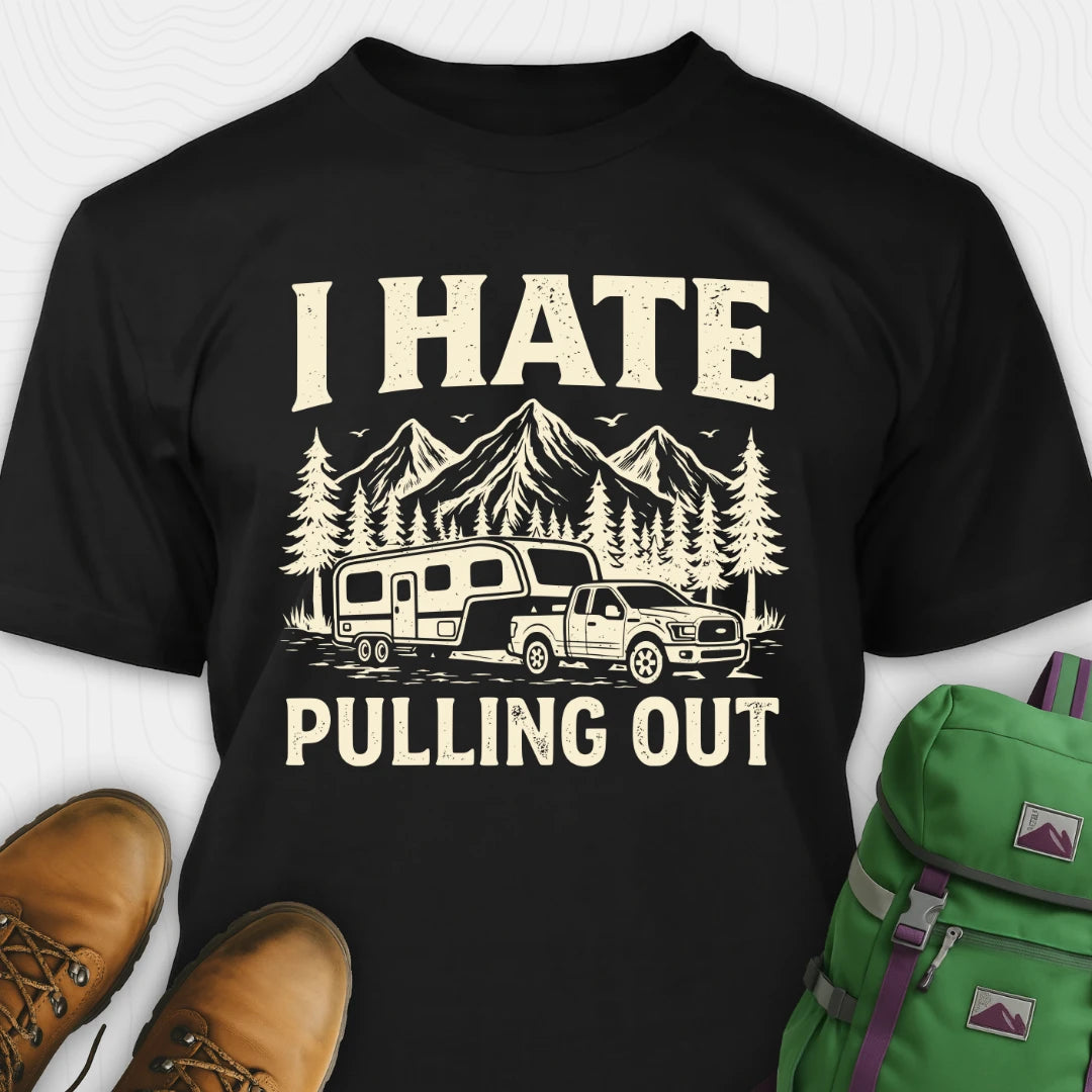 Black t-shirt with graphic design and text 'I HATE PULLING OUT' on a white background