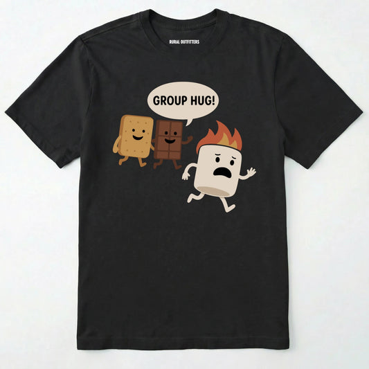Black smores shirt with marshmallow chocolate and graham cracker characters with "group hug!" text on a white background.