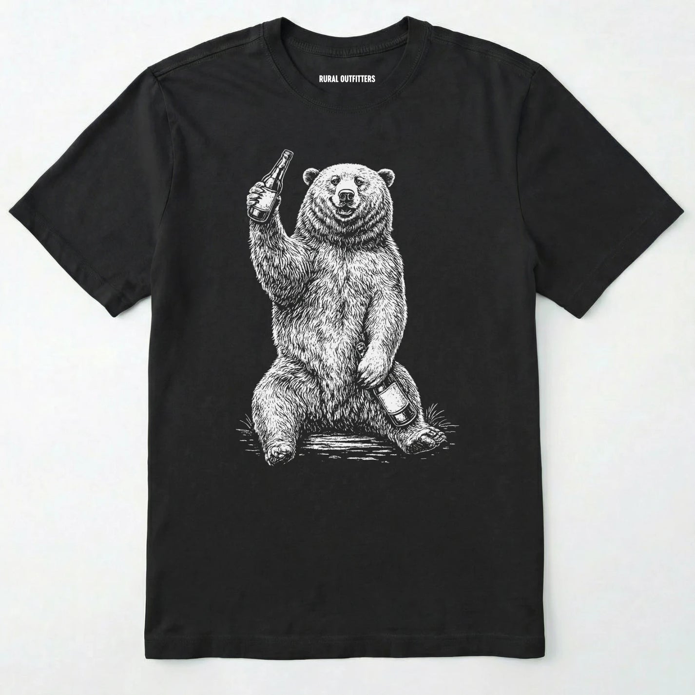 Black brown bear shirt with a bear graphic holding a beer bottle on a white background.