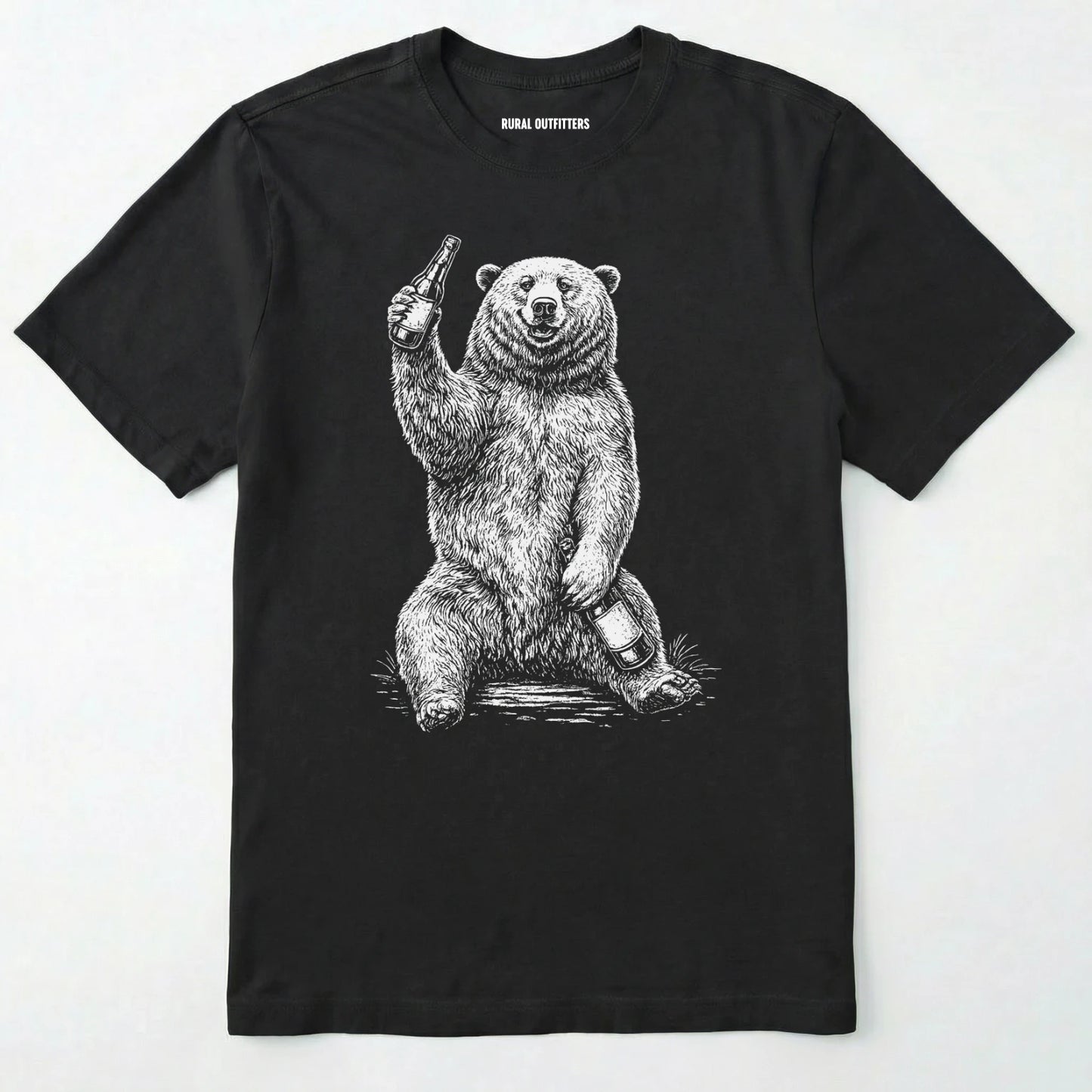 Black brown bear shirt with a bear graphic holding a beer bottle on a white background.
