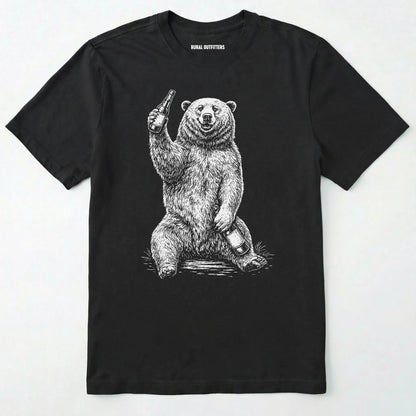 Black brown bear shirt with a bear graphic holding a beer bottle on a white background.