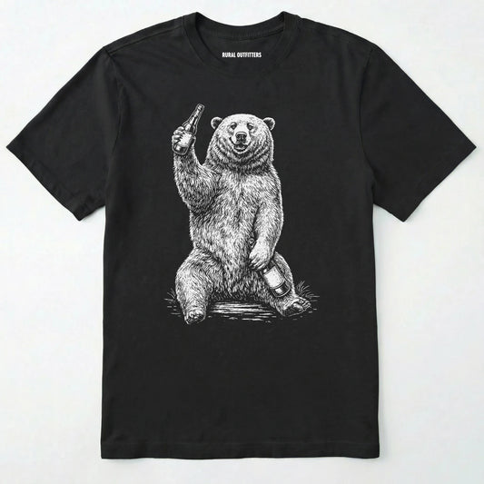 Black brown bear shirt with a bear graphic holding a beer bottle on a white background.