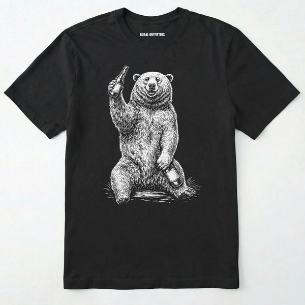 Black brown bear shirt with a bear graphic holding a beer bottle on a white background.
