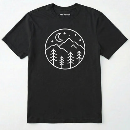 Black moon and stars shirt with minimalist mountain and forest design on a white background.