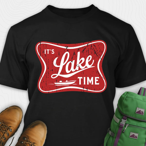 Black lake t-shirt with retro “It’s Lake Time” graphic, featuring a red vintage lake badge design