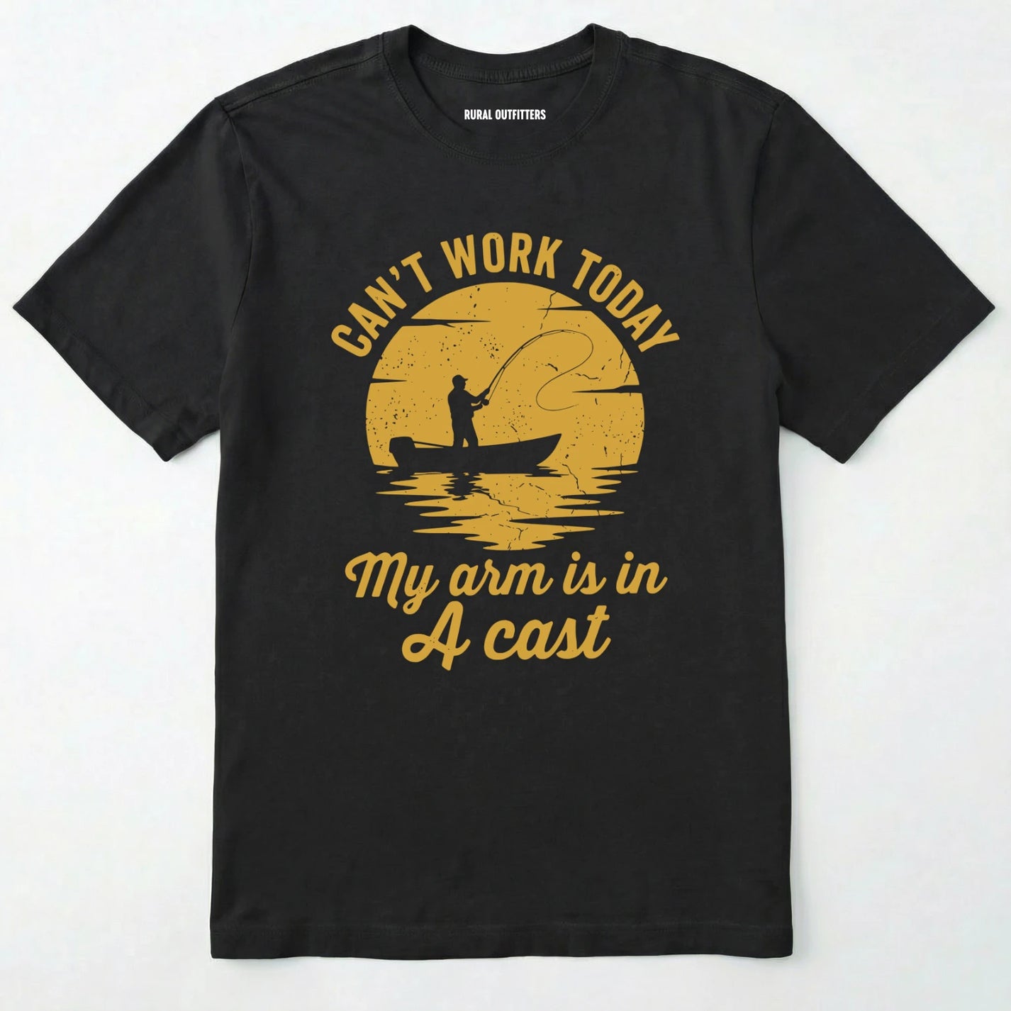 Black t-shirt with yellow graphic and text on a white background