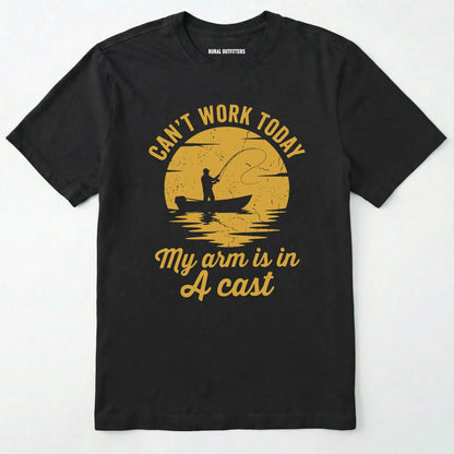 Black t-shirt with yellow graphic and text on a white background