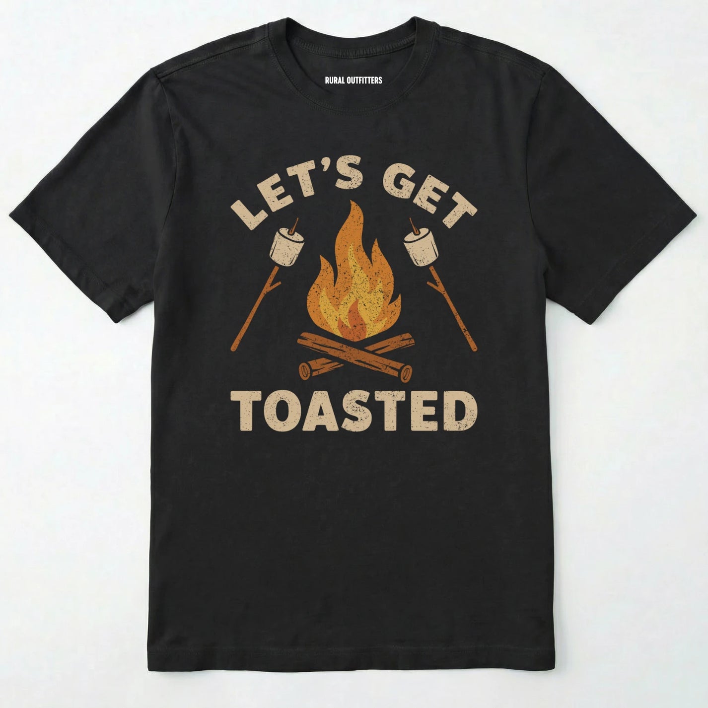 Black let⊙s get toasted shirt with campfire and roasting marshmallow graphic on a white background