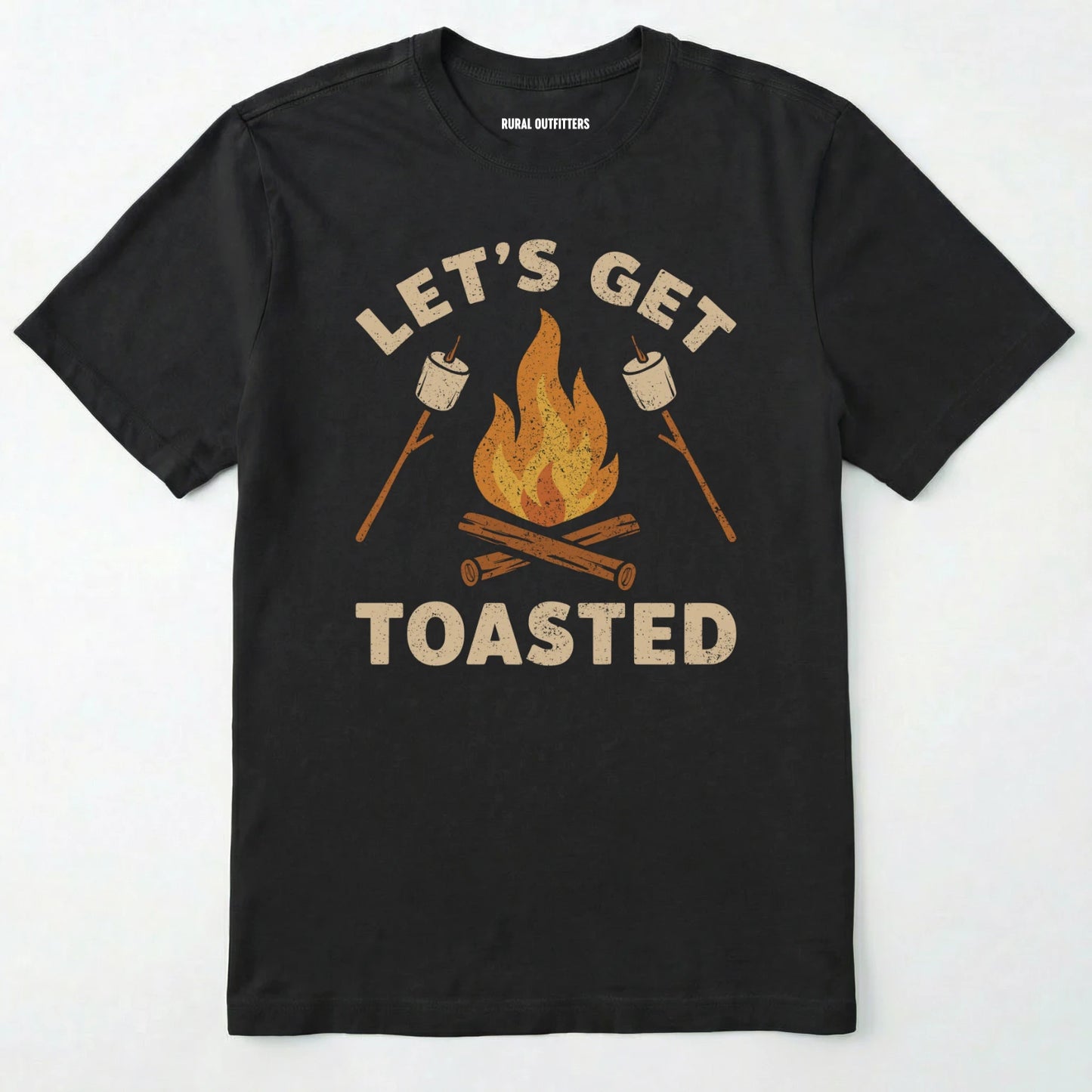 Black let⊙s get toasted shirt with campfire and roasting marshmallow graphic on a white background