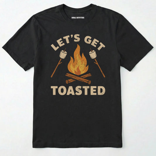 Black let⊙s get toasted shirt with campfire and roasting marshmallow graphic on a white background
