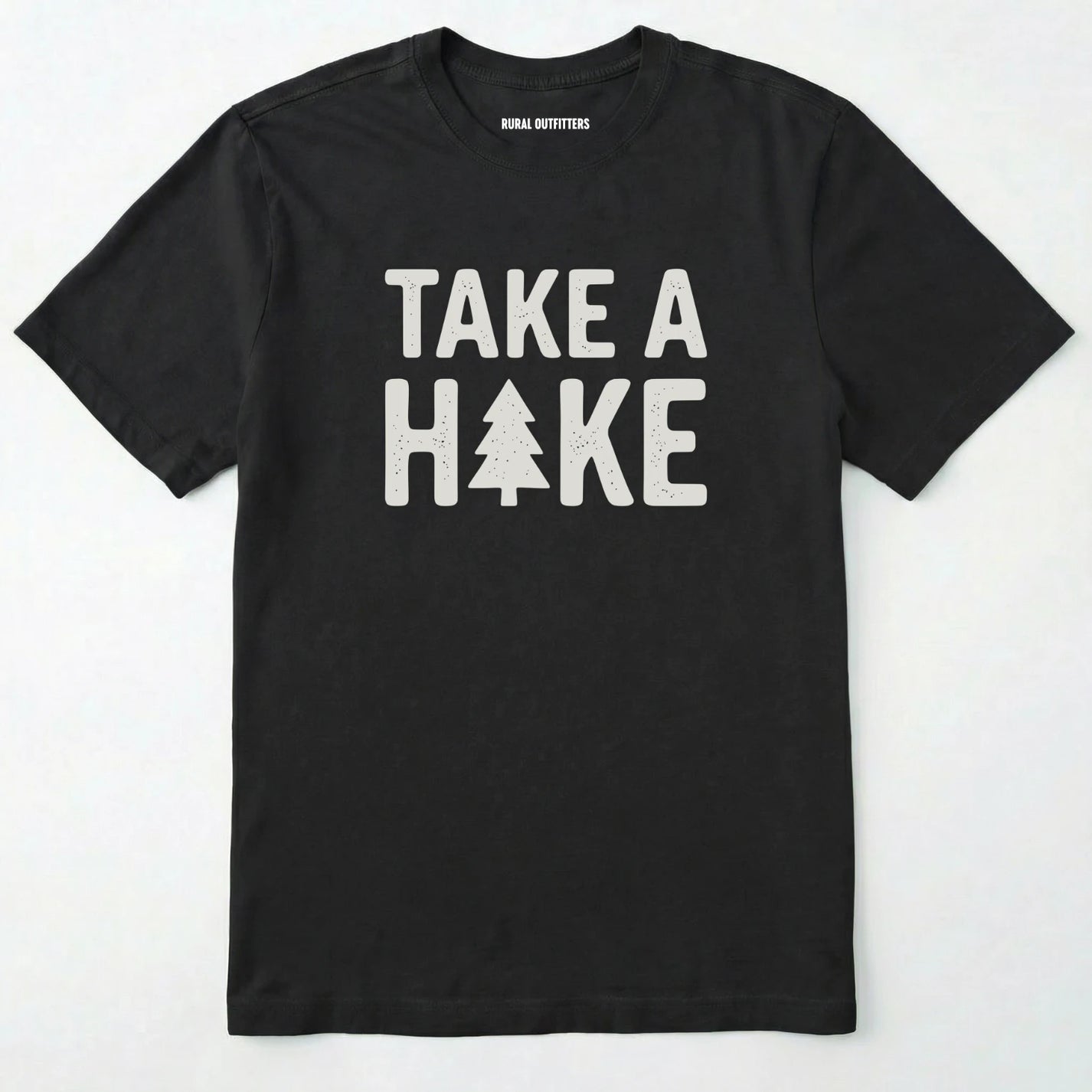 Black t-shirt with 'take a hike' text on a white background