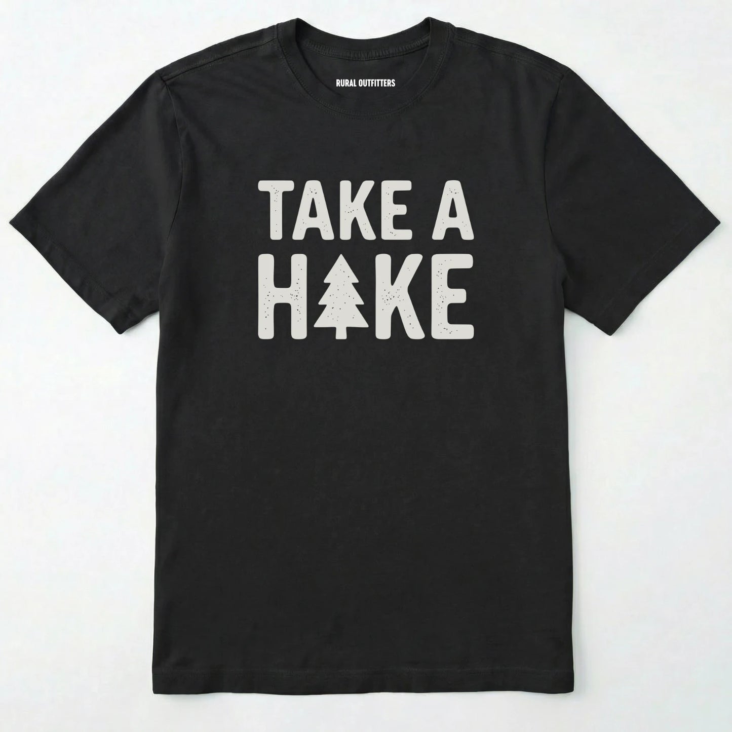 Black t-shirt with 'take a hike' text on a white background