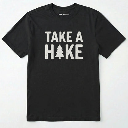 Black t-shirt with 'take a hike' text on a white background