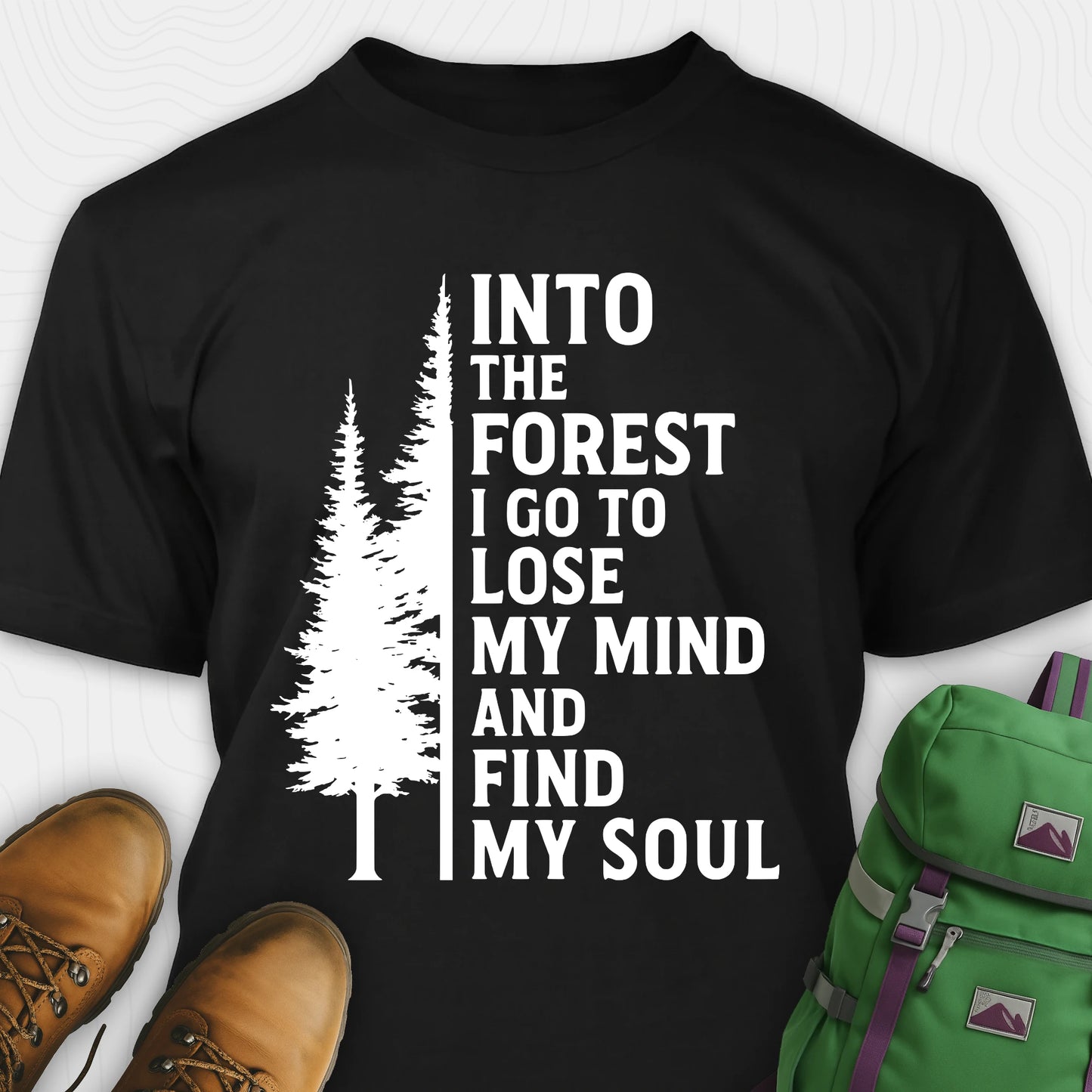 Black into the forest I go t-shirt with white forest graphic and tall trees design