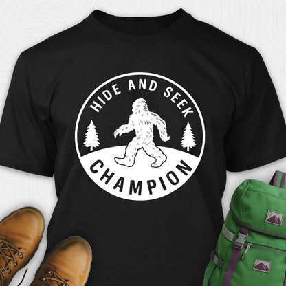 Black bigfoot hide and seek champion shirt with forest emblem