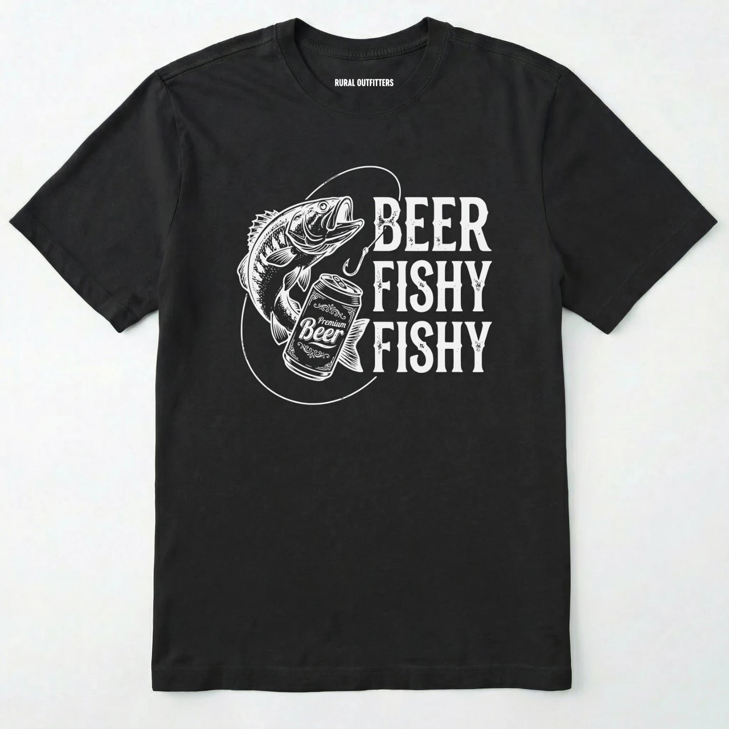 Black t-shirt with white graphic and text 'beer fishy fishy' on a white background