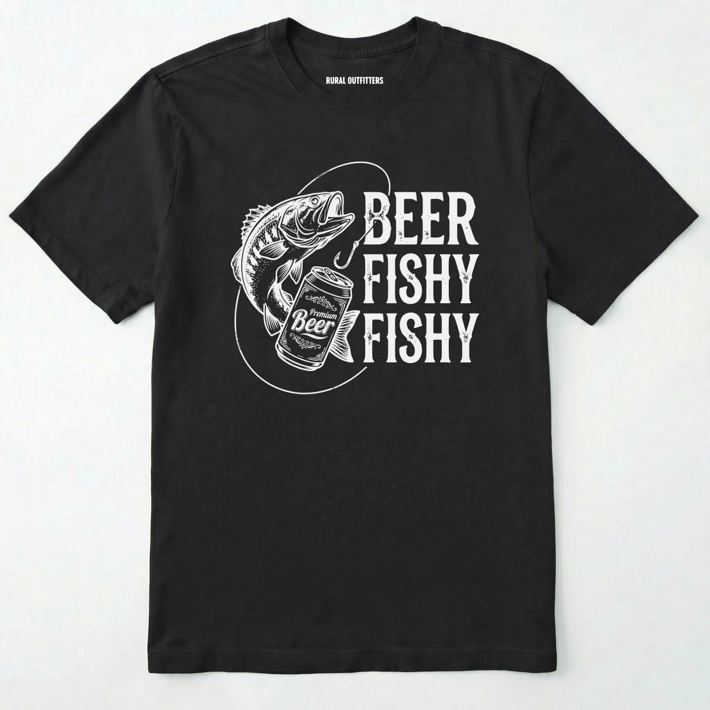 Black t-shirt with white graphic and text 'beer fishy fishy' on a white background