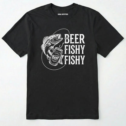 Black t-shirt with white graphic and text 'beer fishy fishy' on a white background