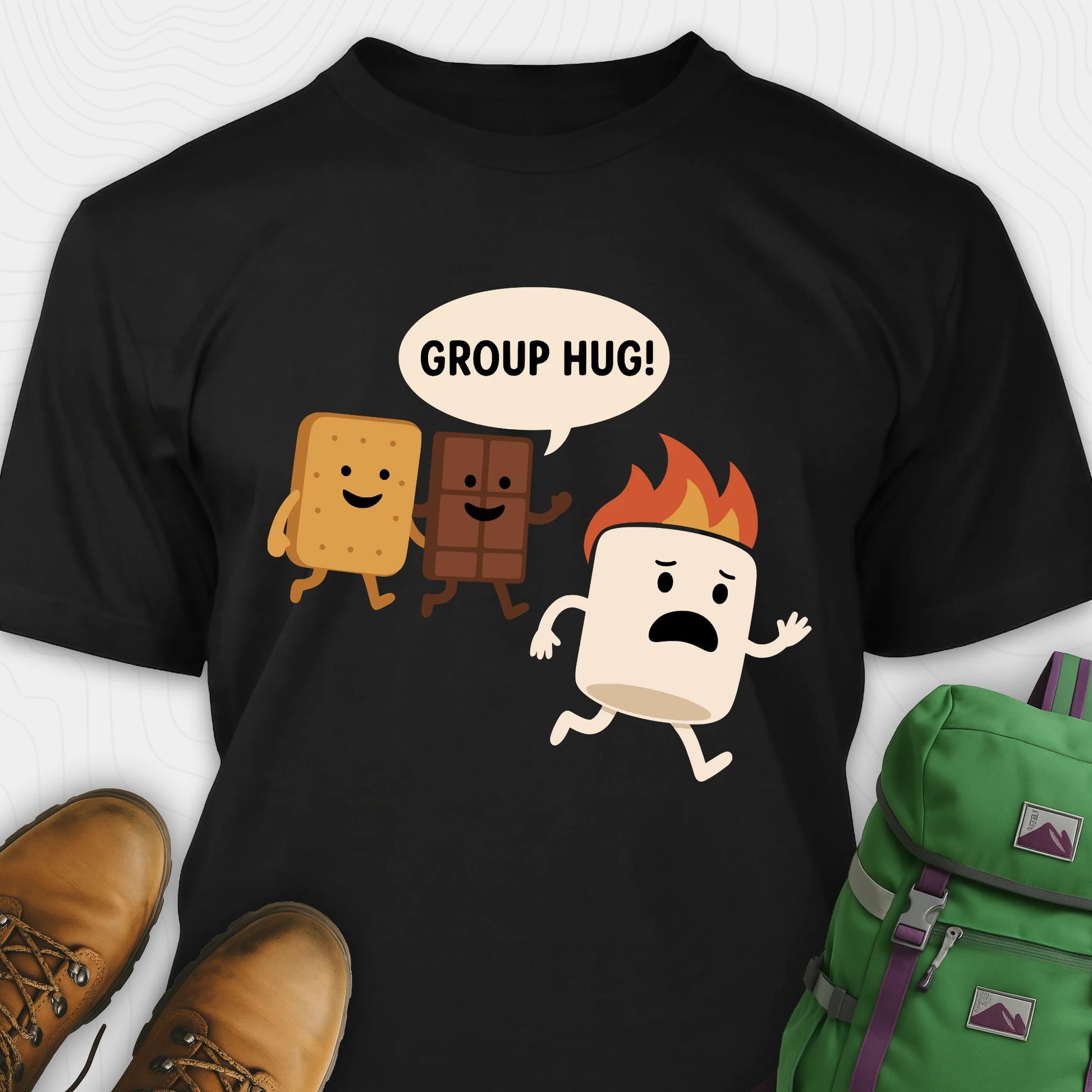 Black smores shirt with marshmallow chocolate and graham cracker characters with "group hug!" text
