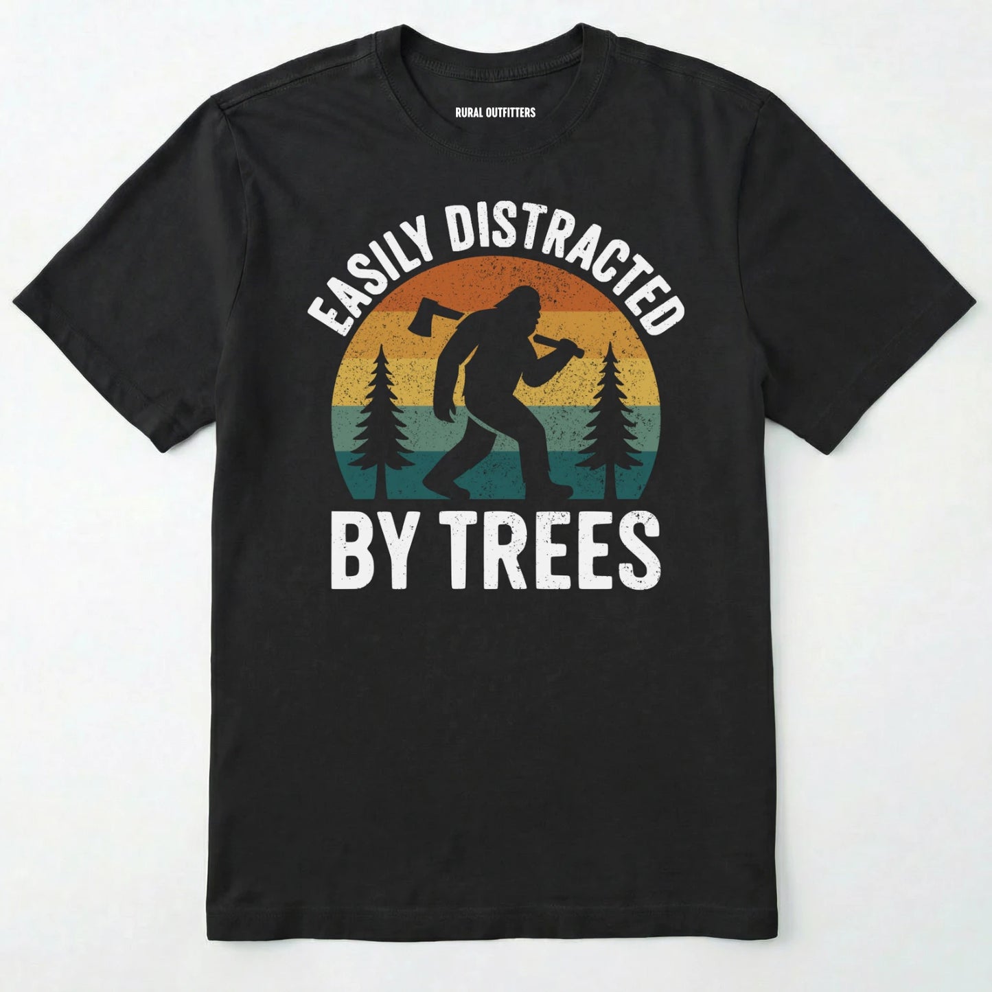 Black funny sasquatch shirt featuring bigfoot silhouette and trees on a white background.