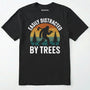 Black funny sasquatch shirt featuring bigfoot silhouette and trees on a white background.