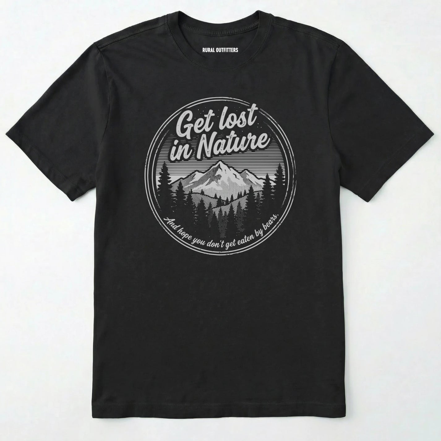 Black t-shirt with nature-themed graphic and text on a white background